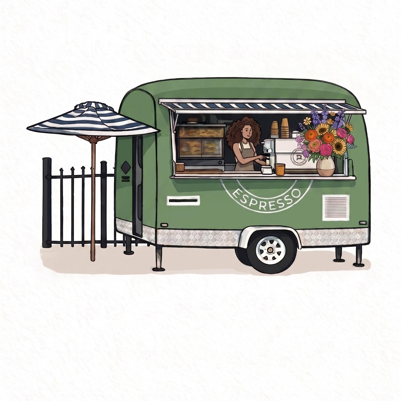 Rola Door Espresso — a sage green mobile coffee trailer serving locally roasted espresso and fresh sourdough donuts
