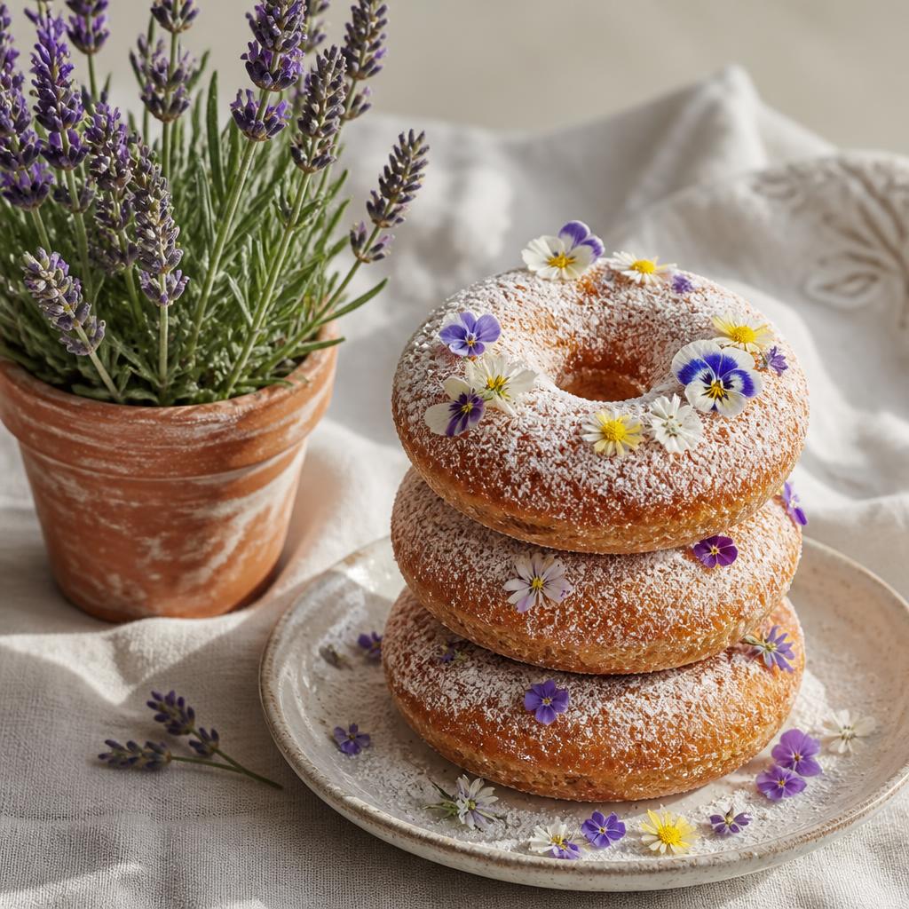 Artisan sourdough donuts decorated with lavender and wildflowers